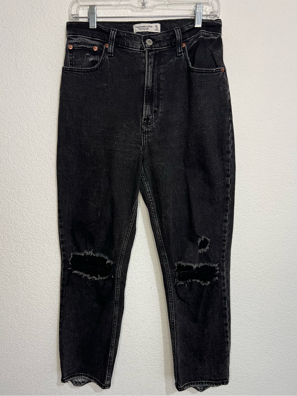 Abercrombie & Fitch The Ankle Straight Ultra High Rise Destructed Black Jeans 27